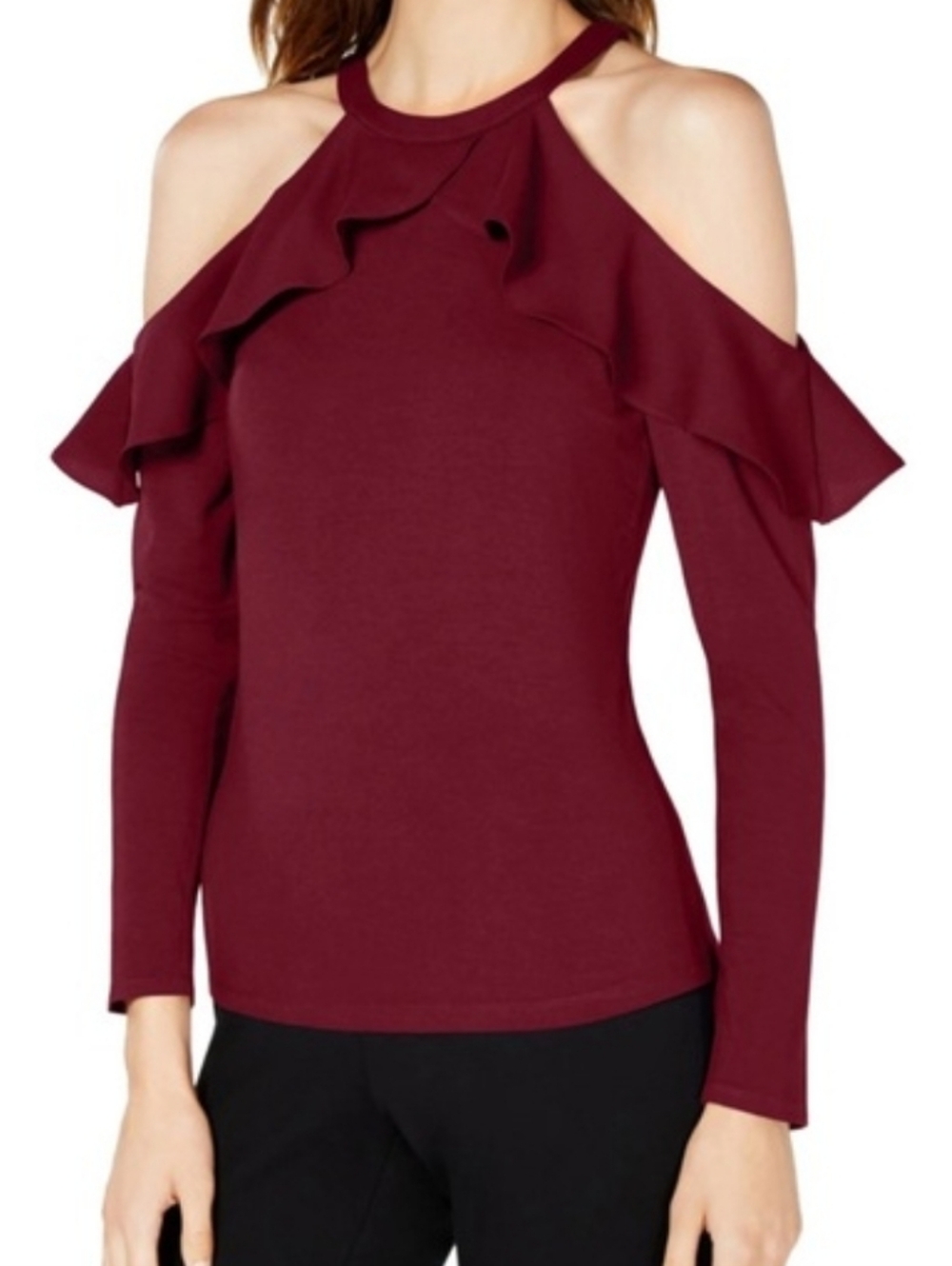 Cold-Shoulder Ruffle Long-Sleeve Top - Burgundy